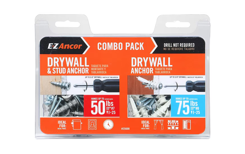 Gordon Glass Co. E-Z Anchor Assorted Diameter and Assorted Length Drywall Anchors with Screws, 75 lbs - Pack of 50 | EZA25600